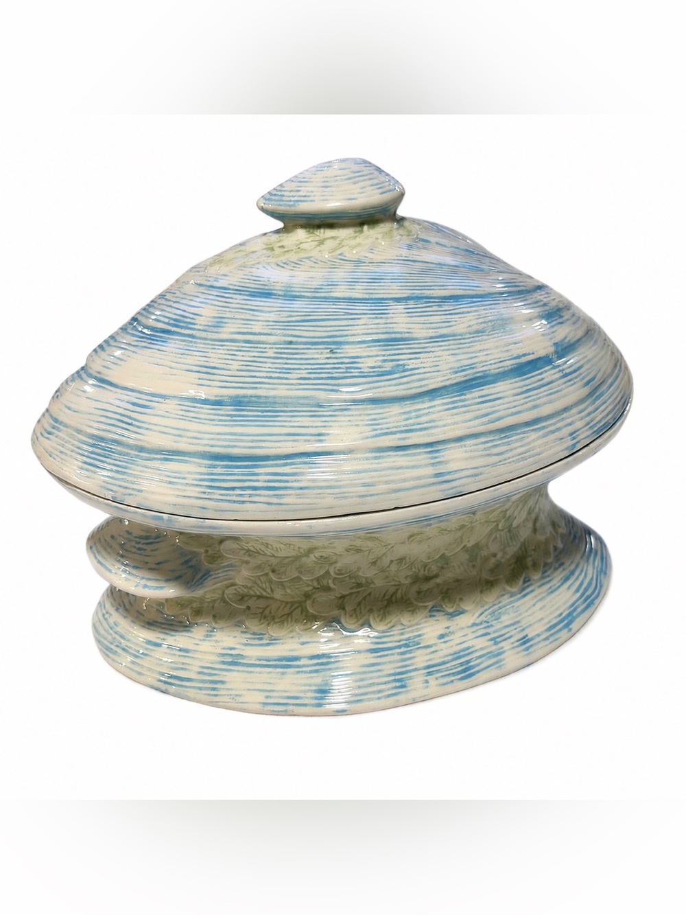 Vintage Coastal Shell Covered Tureen Lidded Serving Dish – Blue & White Ceramic